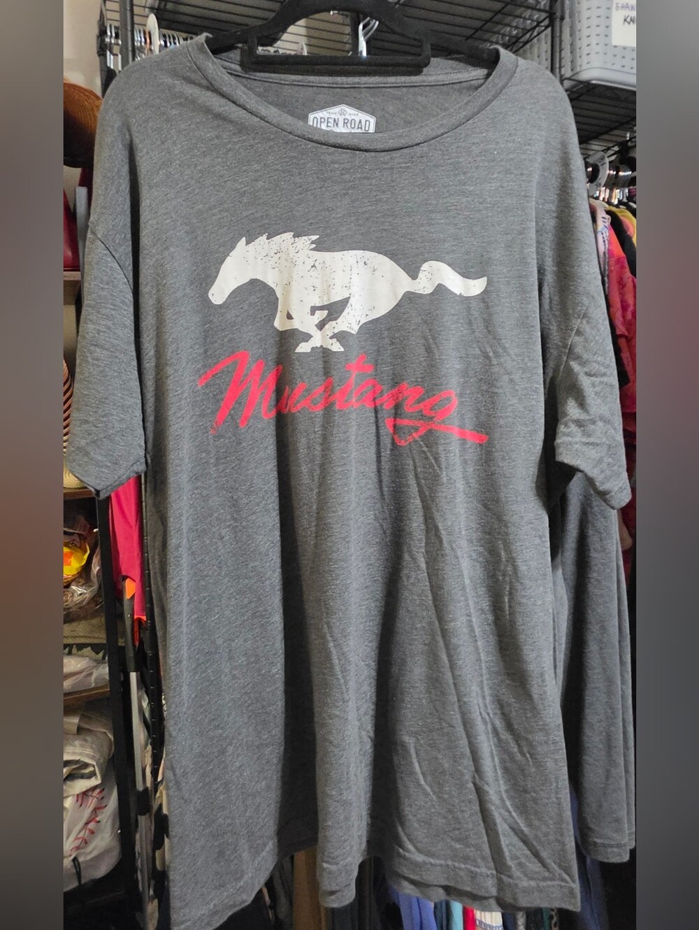 Open Road Brands Gray T-Shirt with White Mustang and Red Script